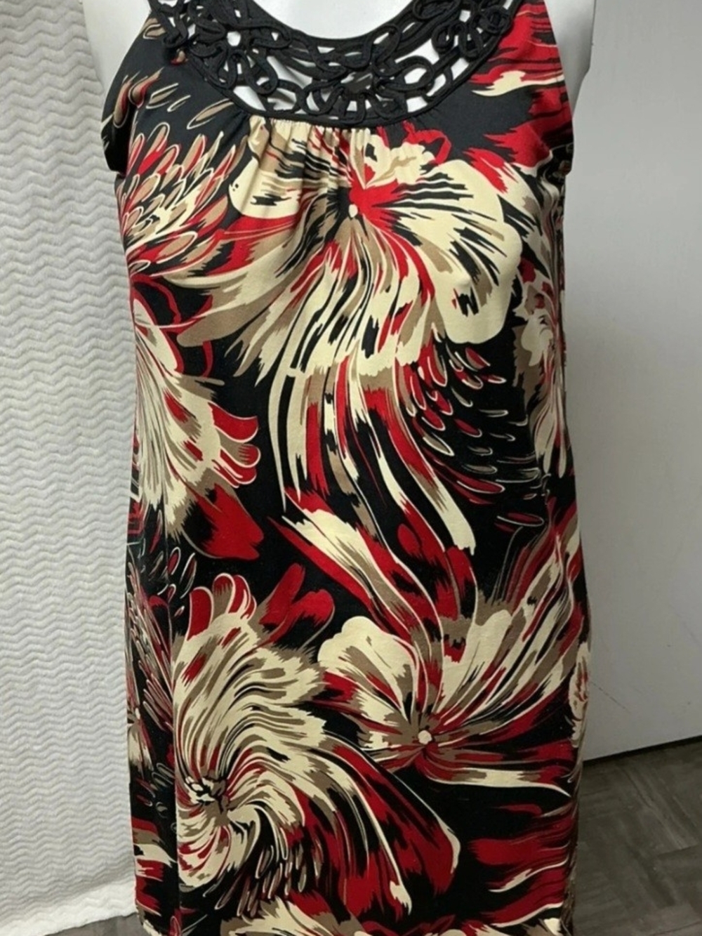 Black A-Line Midi Dress with Red & Cream Floral Swirl